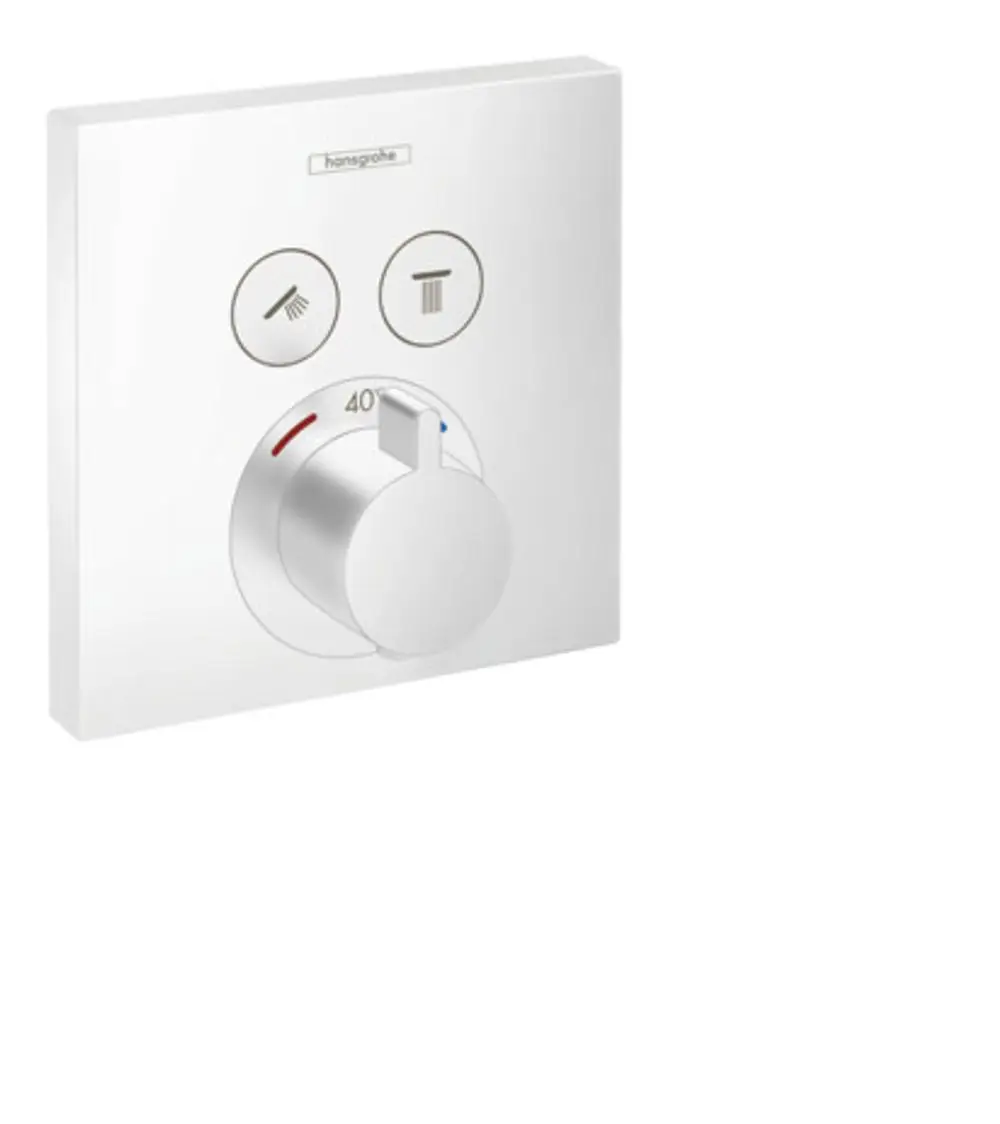 Thermostat von Hansgrohe in Mattweiß für die Wandmontage, mit Drehknopf zur Temperatureinstellung und zwei Bedienungssymbole für verschiedene Verbraucher.